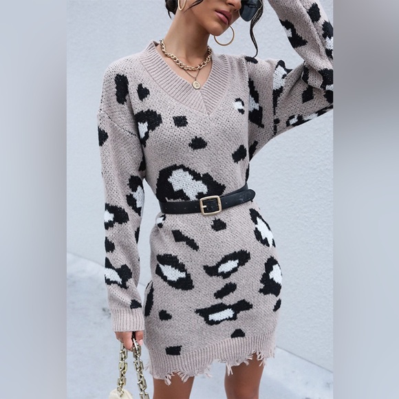 Khaki Leopard Print Drop Shoulder Sweater Dress - Picture 3 of 5